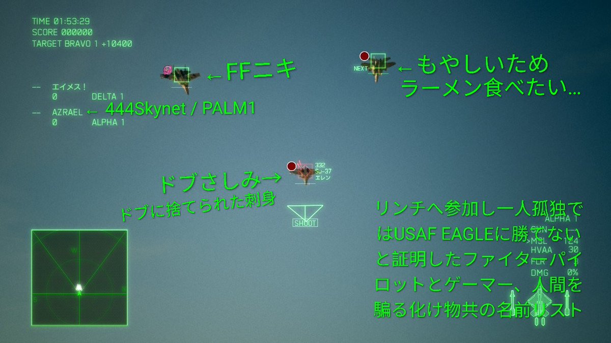 USAF102WAREAGLE's tweet image. @YamatojiRapid8R が良い働きをしてくれた…リンチに関しては一生涯許しはしない、半永久的に恨み続ける…ファイターパイロット、ゲーマー、人間を騙るお前らに守る人間の筋はない！

#102ndWAREAGLE 
#ACECOMBAT7
#NintendoSwitch