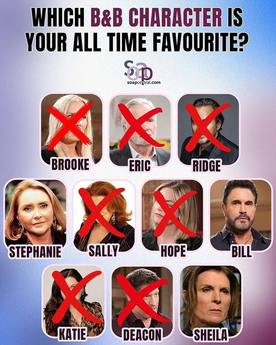 soapcentral's tweet image. Who’s your all-time favorite The Bold and the Beautiful character? 👀

Katie is officially out. Vote for your top pick from the remaining options!
#BB #BoldAndBeautiful