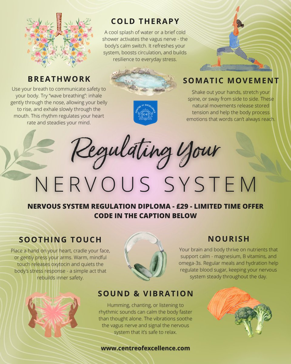 Online_Courses's tweet photo. 6 ways to regulate your nervous system 💚

Save this for the next time you feel overwhelmed. And if you're ready to go deeper, our Nervous System Regulation Diploma is just £29 for a limited time! ⏰

👉 Use code NEWCOURSE29 at checkout.
🔗 https://t.co/c8Af6Lz78h https://t.co/RmcxsfhW5D