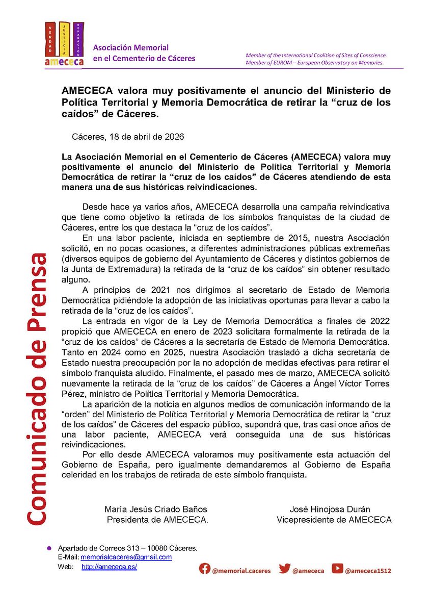Amececa's tweet photo. ¡Lo logramos! 🔔 Tras 11 años de trabajo constante, el @territorialgob anuncia la retirada de la "Cruz de los Caídos" de #Cáceres, atendiendo una demanda histórica de AMECECA https://t.co/2BsyCKCIYT