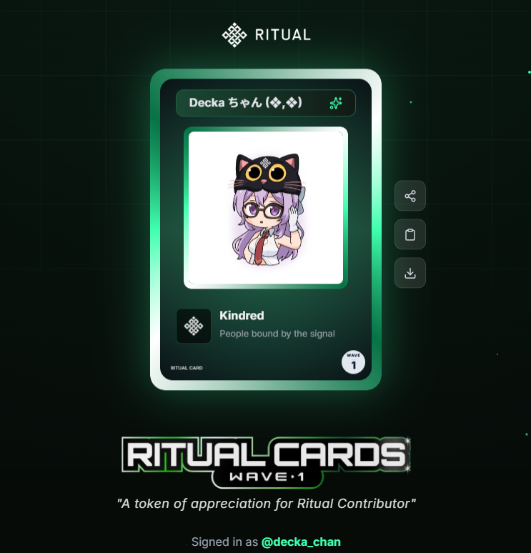 decka_chan's tweet image. Wave 1 of Ritual Cards is now live  

All Ritual community members are now eligible  

Claim here: cards.decka.my.id