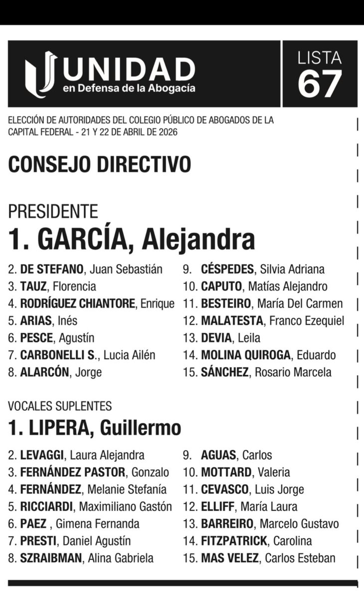 sebadestefano's tweet photo. La abogacía no mira desde afuera: decide, impulsa y transforma
Votá @UnidadCPACF
✔️@garciaalej Presidente
✔️@rgillavedra 1° Asambleísta
✔️@josefiguerero61 Tribunal de Disciplina
📅 21 y 22 Abril
⏰ 8 a 18 h
📍 Corrientes 1441
#ListaUnidad #EleccionesCPACF https://t.co/mGT2oleoJS