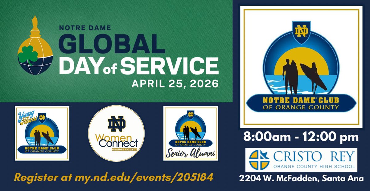 NDCOC's tweet photo. Want to give back to the NDCOC community through service? Join us this Saturday, 4/25, for the 4th annual Global Day of Service! We’ll spend the morning sprucing up the campus at @CristoReyOC. Register here: https://t.co/OwCpuOKb7g. https://t.co/vmv65PRwDB