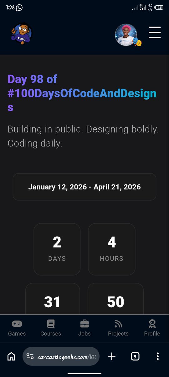 SomeMoreWater's tweet image. Day 98 of #100DaysOfCodeAndDesigns with the Sarcastic Geeks Trybe @sarcasticgeek4u

This weekend have been very unproductive, and this is unlike me. 
Maybe it's because I am questioning my life choices. 
But we push harder.
