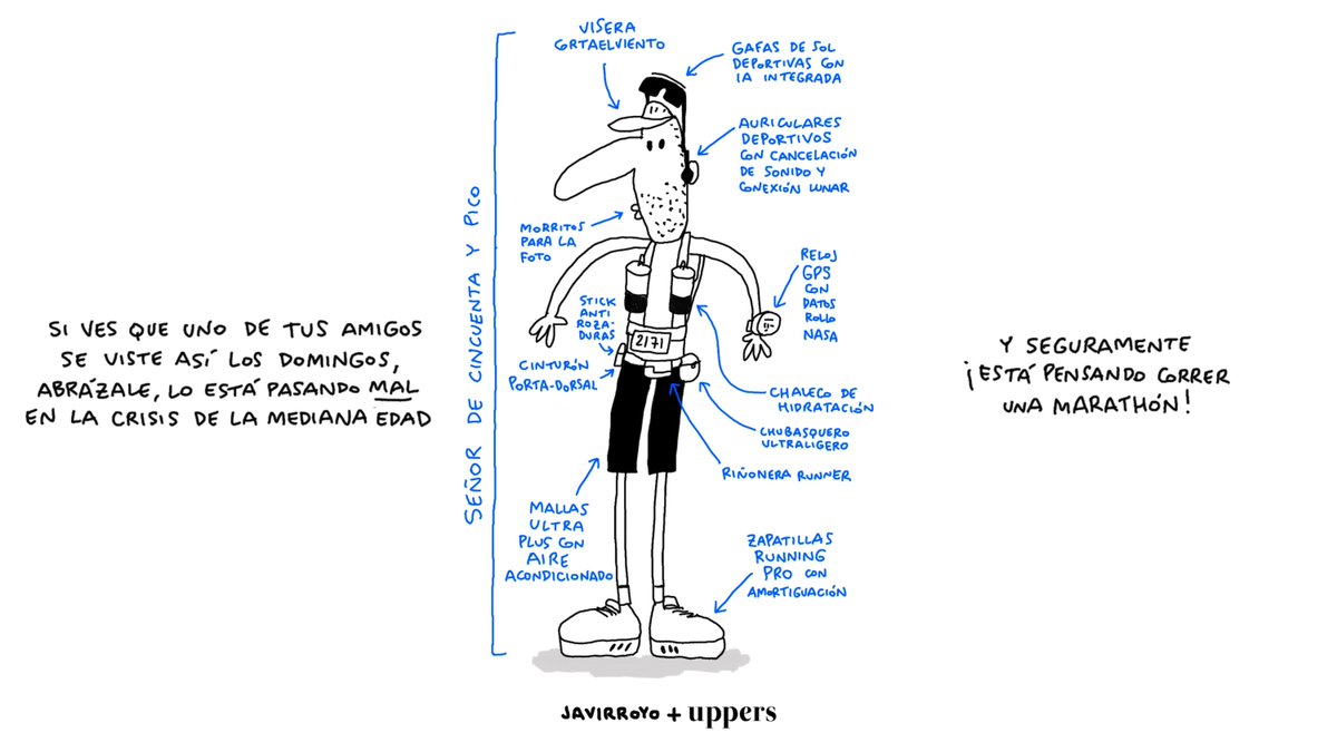 javirroyo's tweet image. Si ves a un amigo vistiendo de esta guisa, abrázale fuerte-fuerte y dale cariño, que lo está pasando mal con la crisis de la mediana edad. ¿Conoces a alguien así? ¡Etiquétalo!
.
Mi colaboración por un mundo mejor para @upperslife
.
#runner #crisis #Uppers #SoUpper #javirroyo