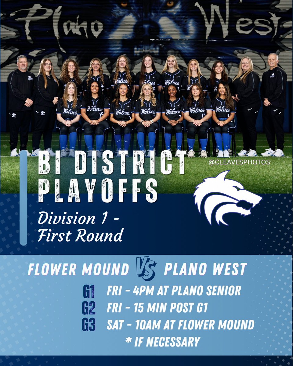 PWSH_Softball's tweet image. Bi-District | Division 1 First Round starts Friday

🆚 Flower Mound
📍 Plano Senior
🕓 G1: Fri 4 PM
🕓 G2: 15 min after
📍 G3 (if needed) Sat 10 AM @ Flower Mound

Win or go home. Be there. Be loud. Let’s WOLFIN’ go.

@GMsportsmedia1 @Gosset41 @MWelchSLM
#PWSoftball #LetsWolfinGo
