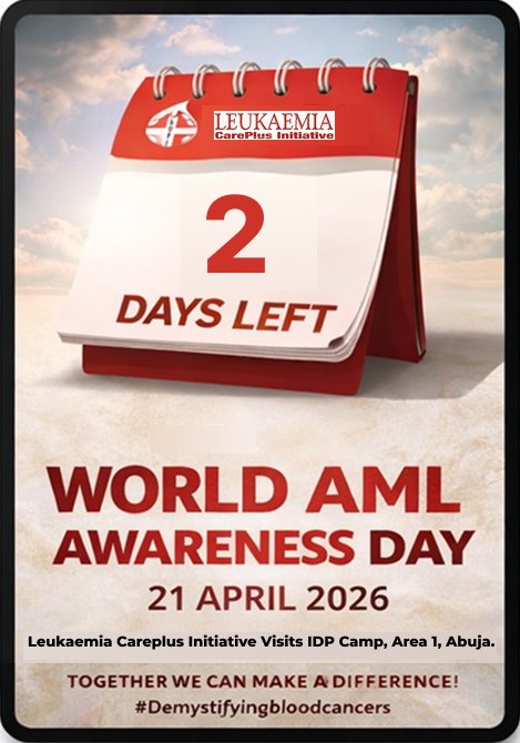 comLCPIng's tweet photo. 2026 World AML Awareness Day

Theme: Looking up

* Leukaemia Awareness
* Cancer Awareness
* Free Medical Screening 
* Support &amp; Treatment 
* Blood pressure and Blood Sugar checks

Join us 
@ Area 1 IDP Camp Abuja
On Tuesday, 21st April 2026
@ 10:00am prompt 

#KNOW-AML https://t.co/V01u0sWD5K