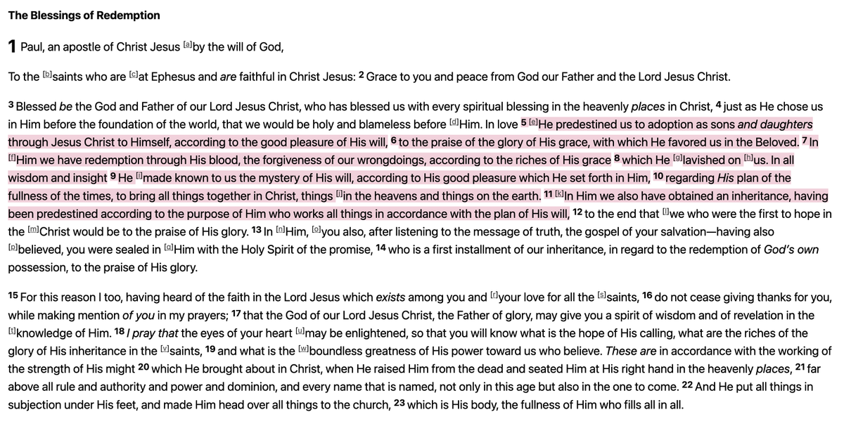 ScooterMagruder's tweet photo. #NotesFromChurch

Membership Has It’s Privileges - Ephesians 1:5-11

• It’s easy to sign in as a guest without the privileges of membership
• Paul is writing from prison, in chains in Rome
• Paul knew membership has it’s privileges
• Membership is through grace by Jesus Christ, it cannot be earned
• 5 privileges membership brings
• Spiritual membership brings adoption (Romans 8)
• In the Roman world adoption was a highly legal act
• An adopted son sometimes had more security than a biological son
• You could give up a biological son…not an adopted son
• If you are in Christ you have been chosen
• Jesus paid for the adoption with his blood
• Spiritual membership brings absolution
• Absolution = formal act of forgiving someone (Psalm 103:12, Luke 15, Colossians -14, John 1:9)
• Spiritual membership brings awareness
• God has made us initiates and let us in on the secret (Ephesians -14)
• God will unite all things in Christ
• Believers can know where history is going, why we are here, and how to treat people
• Spiritual membership brings association
• Believers are united with every other believer (Hebrews 11, Acts -47)
• We need other members and other members need us (1 Corinthians 12, Hebrews -25)
• Spiritual membership brings assurance
• The assurance is why Paul could praise in prison
• God is sovereign
• God is our living defender (Job )
• Hope in Jesus in a firm and secure tether (Hebrews -19)
• If you are anchored in Christ you will not drift during life’s storms