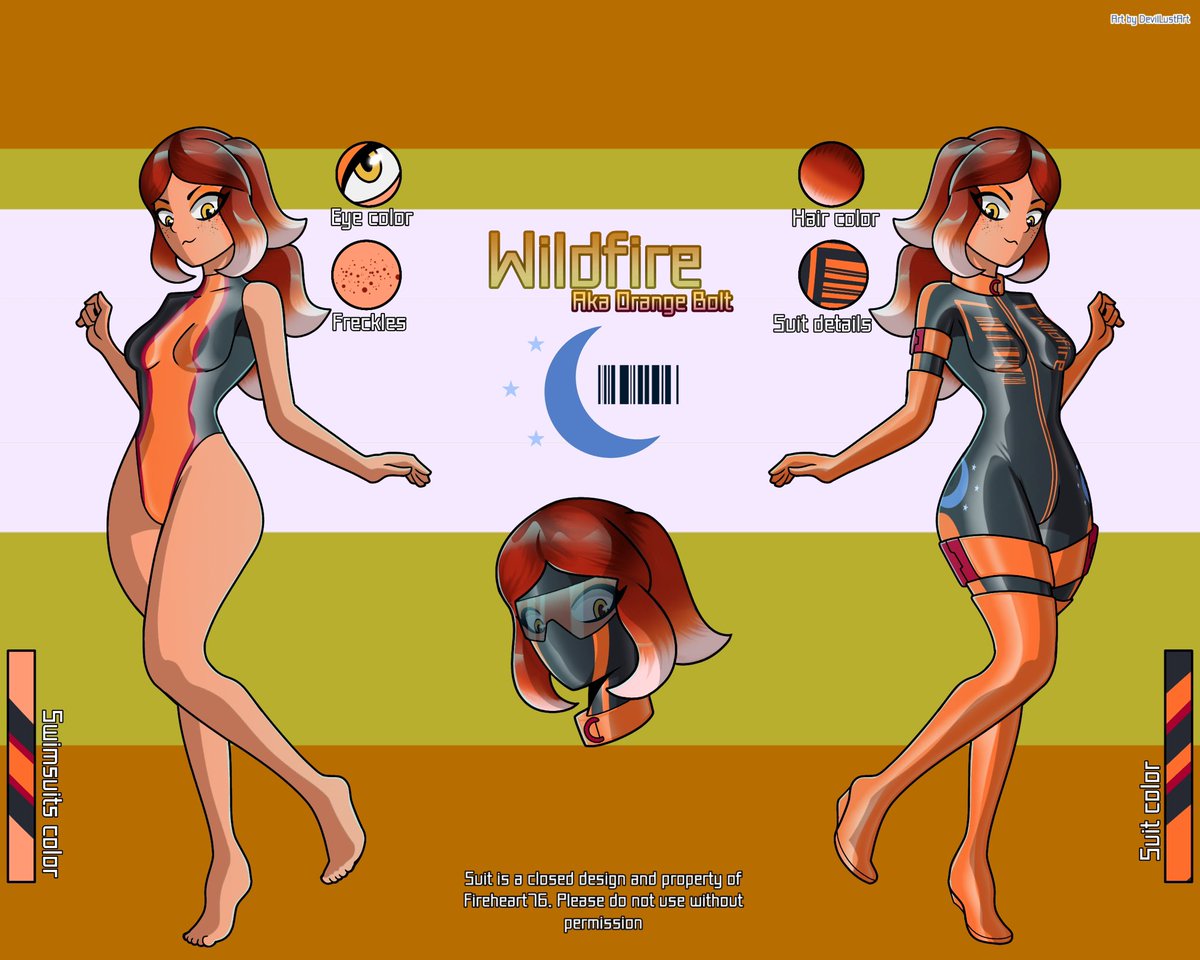 Second of three new super hero characters for my Stellaria AU! I love the designs from miraculous ladybug, so I took some inspio!

Second we have Wildfire, (aka, ‘Orange Bolt)
Part of the Stellaria Thunder Team!
Art by <a href="/DevilLustArt/">DevilLustArt🔞(Comms Open)</a>