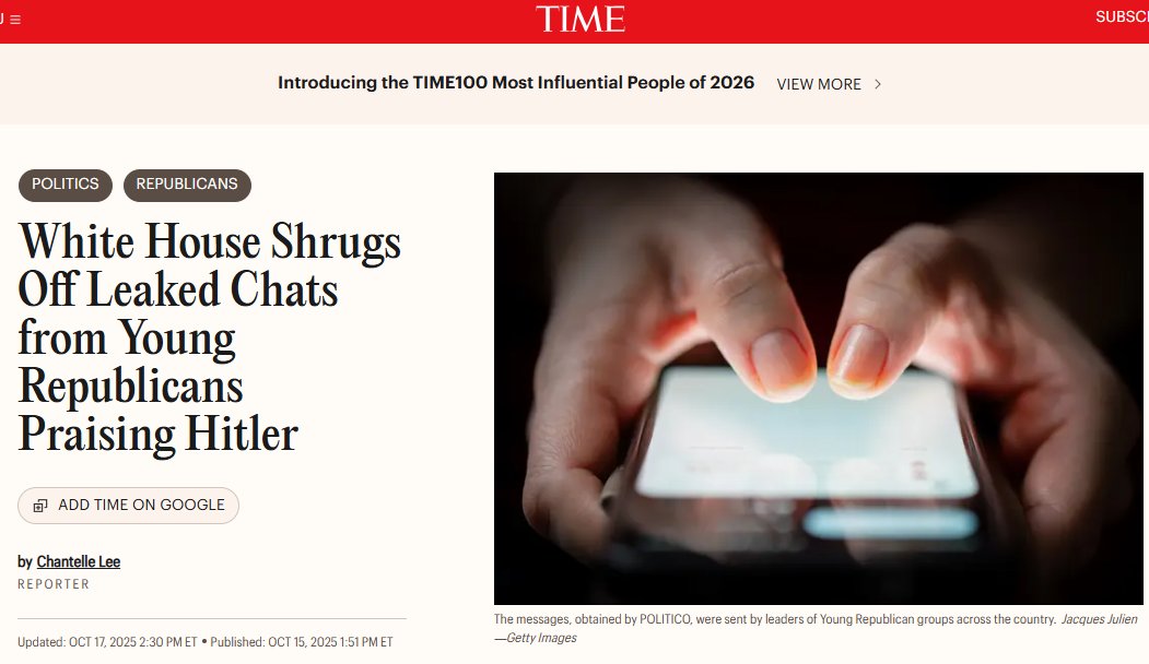 RWwatchMA's tweet image. Leaders of various Young Republican National Federation groups praised Adolf Hitler and joked about gas chambers, slavery, and rape; Oct 2025 time.com/7325948/leaked… #mapoli #mepolitics

JD Vance is downplaying a leak of thousands of leaked messages from Young Republican leaders.