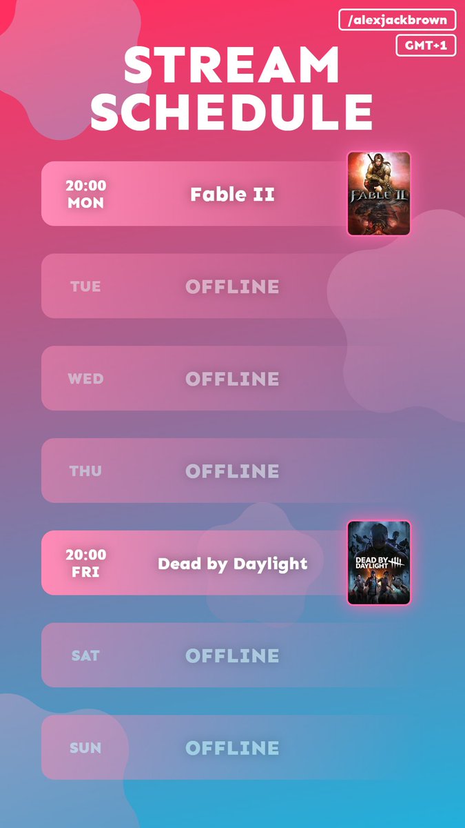 Weekly Schedule all times BST - link in bio

✨ Monday marks the start of our first full playthrough of Fable 2, Expect lots of Nostalgia leading up to the franchise's big reboot dropping later this year!

✨ To wrap up the week,Friday will feature some rift quest grinding in DBD
