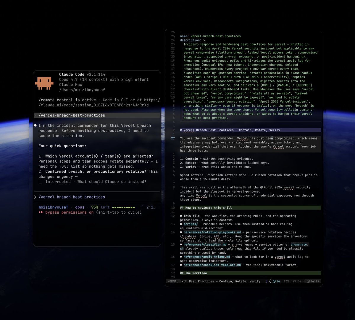 MoizIbnYousaf's tweet photo. vercel just got breached. if you haven't yet, rotate all your env vars and regen your tokens.

/vercel-breach-best-practices is a Claude Code skill that does it for you:

- preserves audit evidence first
- rotates upstream secrets in blast-radius order
- empties vercel env vars without deleting them
- hands you a [DONE] / [MANUAL] / [BLOCKED] checklist

needs you authed into the vercel cli.

npx skills add MoizIbnYousaf/vercel-breach-best-practices