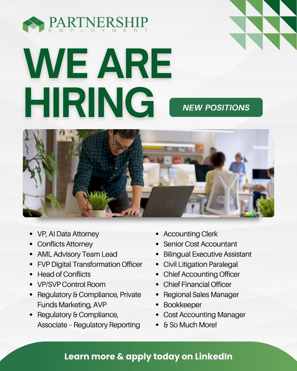 PartnerEmploy's tweet image. Hiring activity is picking up, and the roles we're filling right now reflect where the market is heading!

Full descriptions and application details are on our LinkedIn page!

#Hiring #FinanceAndAccounting #Legal #Compliance #ExecutiveSearch #PartnershipEmployment