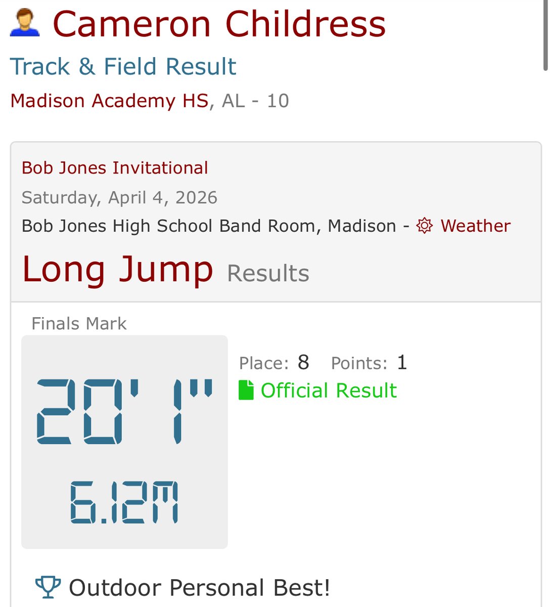 CamChildress8's tweet image. Bob Jones Invitational | April 4   

💥 Long Jump: 20’1” (PB)   

New PR. New standard. 📈  
#LongJump #Jumps #ClassOf2028