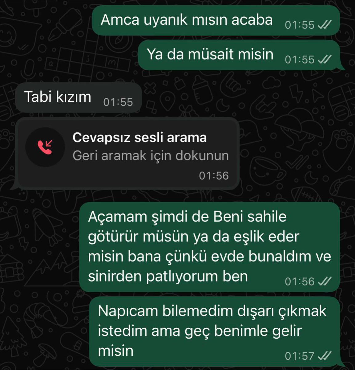 Dailyhaberr's tweet photo. Gece bunaldığı için amcasından dışarı çıkarılmayı rica eden kadın:

“Beni sahile götürür müsün? Bunaldım ve sinirden patlıyorum. Dışarı çıkmak istedim ama geç, benimle gelir misin?” https://t.co/HGPKxNf3av