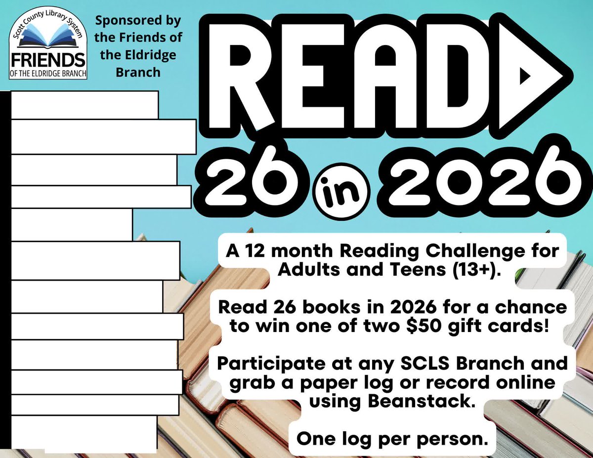 Are you recording your books for the 26 in 2026 challenge? Make sure to keep track all year and return your logs when you've finished! Or record online at bit.ly/sclsbeanstack. For teens and adults (13+)