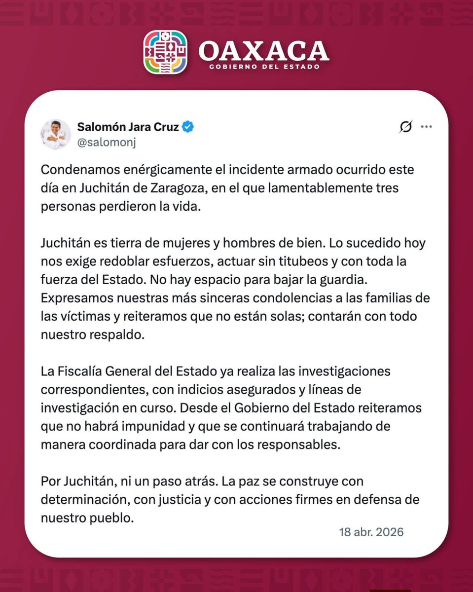 Condena gobernador <a href="/salomonj/">Salomón Jara Cruz</a> Jara Cruz ataque armado en #Juchitán de Zaragoza; hay tres personas fallecidas

El #gobernador de #Oaxaca, #SalomónJara Cruz, condenó enérgicamente el incidente armado ocurrido este día en el municipio de Juchitán de Zaragoza, donde lamentablemente