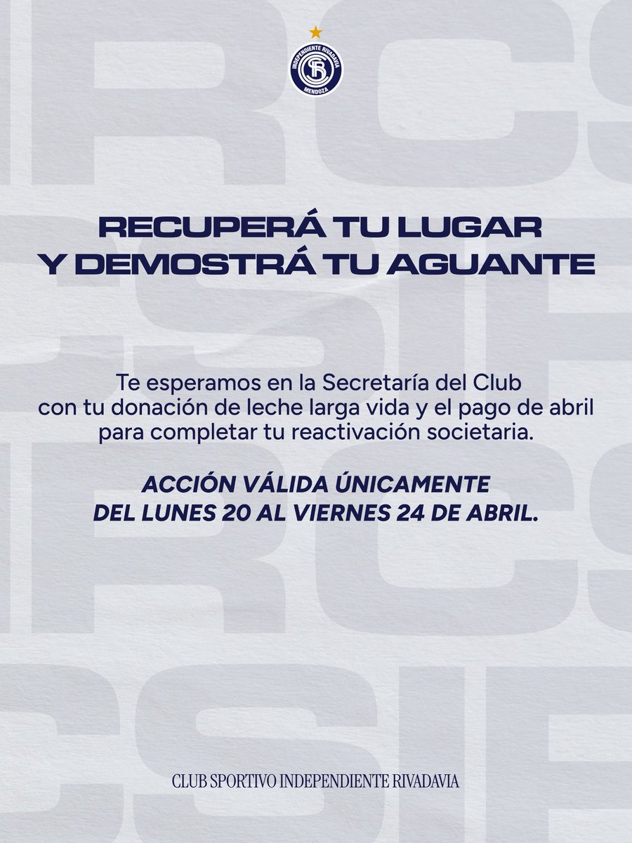 VOLVÉ A SER PARTE 🔵
Tu lugar está en la tribuna

Del 20 al 24 de abril, tenés una oportunidad especial para regularizar tu situación y reactivar tu vínculo con el club, a través de una moratoria por tiempo limitado.

Pagá el mes de abril
(Adherite al débito automático y accedé a