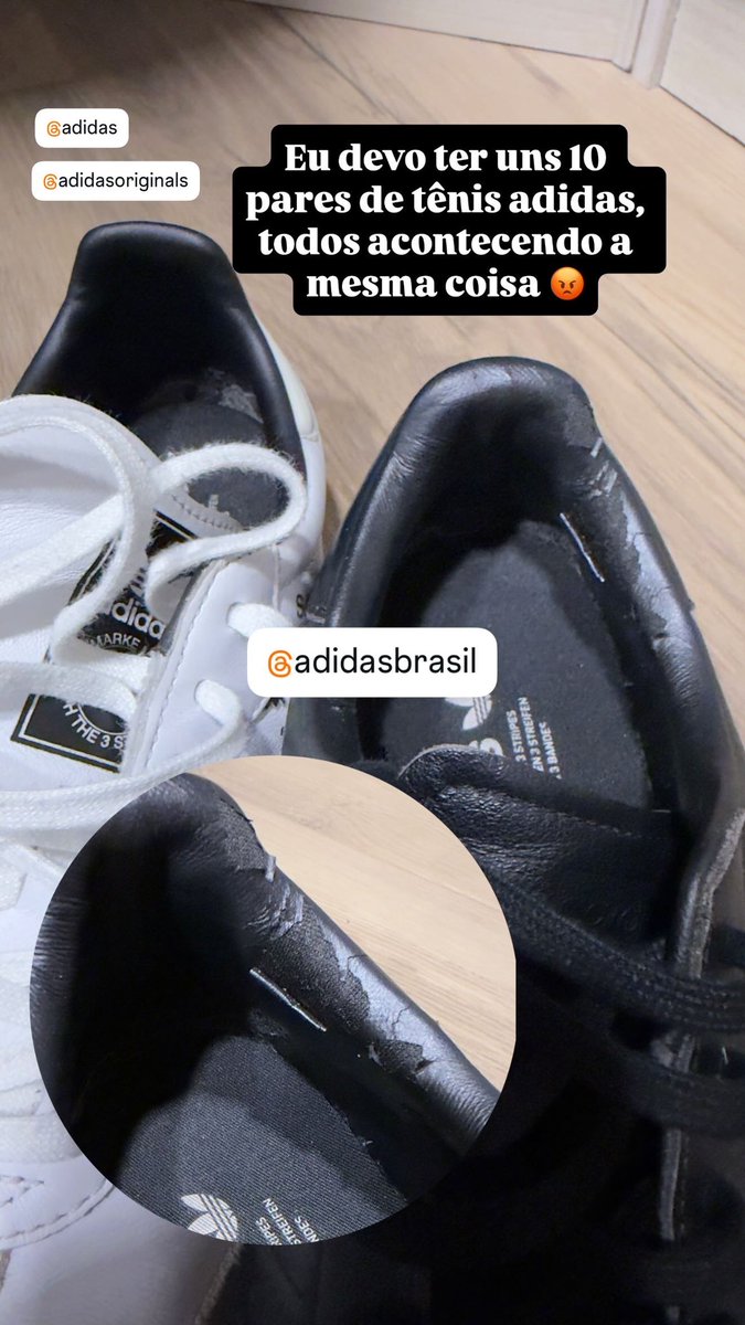sindycastelo's tweet photo. Estou realmente cansada de comprar os tênis de couro da adidas e com todos eles a mesma história, descascam por dentro! R$800 não é barato, tá na hora de rever os materiais! @adidas @adidasbrasil @adidasoriginals #adidas #adidasfail https://t.co/rExZQphrB8