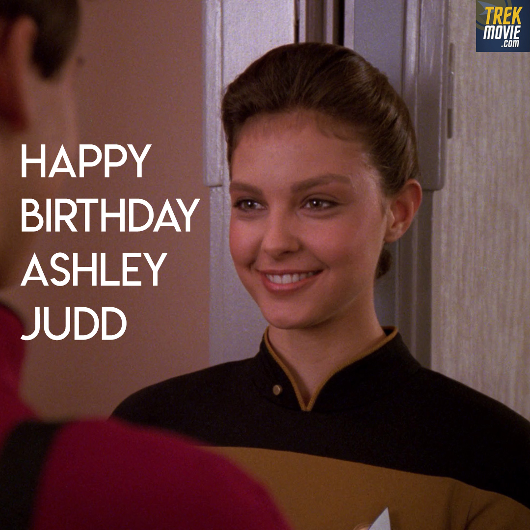 TrekMovie's tweet photo. Happy birthday to Ashley Judd, who made her TV debut as Ensign Robin Lefler on Star Trek: The Next Generation. She's most remembered for helping Wesley save the Enterprise in "The Game," but her first appearance was in "Darmok." 
#StarTrek https://t.co/IjDmCIkmNd