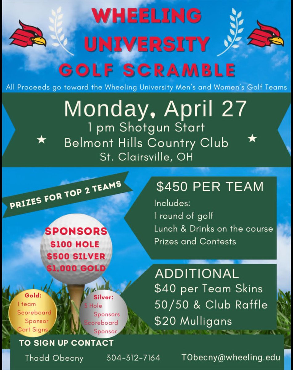 WUCardinals's tweet photo. There is still time to sign up for the 2026 Wheeling Golf Outing! 

Just $450 per team with prizes and games throughout the day, all benefitting our men's and @WUWGOLF programs #GoCards https://t.co/JILzpmZPMx