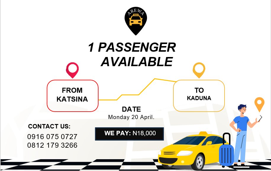 ArewaTaxi's tweet image. A passenger available for pick up, interested private vehicle owner should contact us for further arrangement. #Katsina #Kaduna #ArewaTaxi