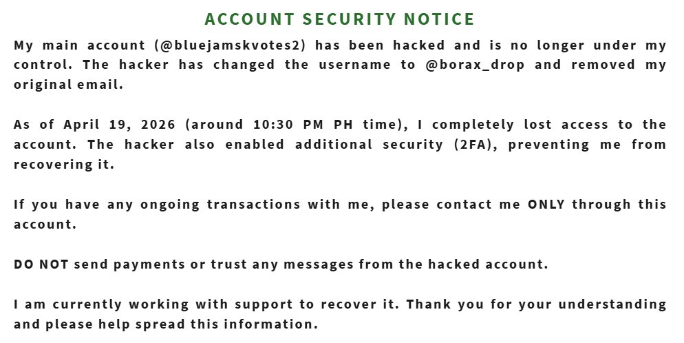 bluejamskvotes3's tweet image. ⚠️ Account Hacked — Please Read ⚠️

Main acc: @bluejamskvotes2 
- (changed to @/borax_drop )

My main account has been compromised. Contact me only on this account for all transactions. Full details in the image below.

#kittysalesproofs #kittyvotingproofs #kpop