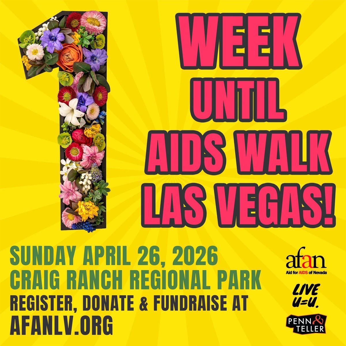 AFANLV's tweet photo. 1 Week! AIDS WALK Las Vegas 2026 is almost here! Make sure you are registered before the walk. Visit https://t.co/glgPx5FMZ0 to sign up, fundraise &amp; donate. Let's make a difference! https://t.co/bBUxAxyB1f