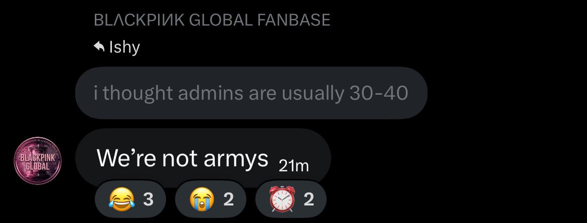 not <a href="/BLACKPINKGLOBAL/">BLΛCKPIИK GLOBAL FANBASE</a> age-shaming in a gc that’s loud about buying votes and manipulating functions to bot-post hashtags for blackpink every hour on the <a href="/AMAs/">American Music Awards</a> instagram vote post when blackpink are in their thirties or hitting the age of thirty any second now. okay