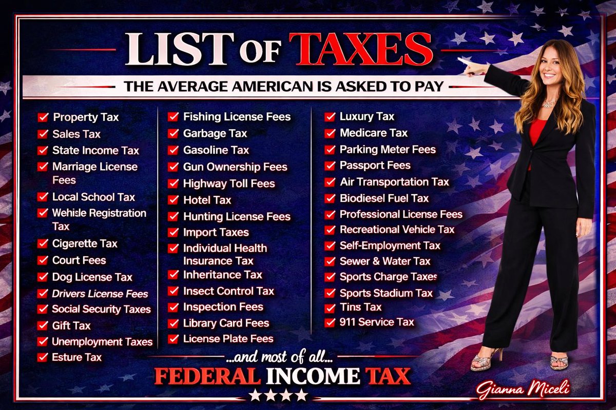 LegalFockery's tweet photo. What I don't pay: Amazon sales tax.....

Sales tax, income tax, marriage tax, school tax, vehicle tax, cigarette tax, court fees, dog license, social security, gift tax, unemployment tax, estate tax, fishing tax, gun ownership tax, highway tax, hunting, health, inheritance, inspection, license plate, library card, luxury, medicare, parking meter, professional licensing, recreational vehicle, self employment, sports charge.

How about you?