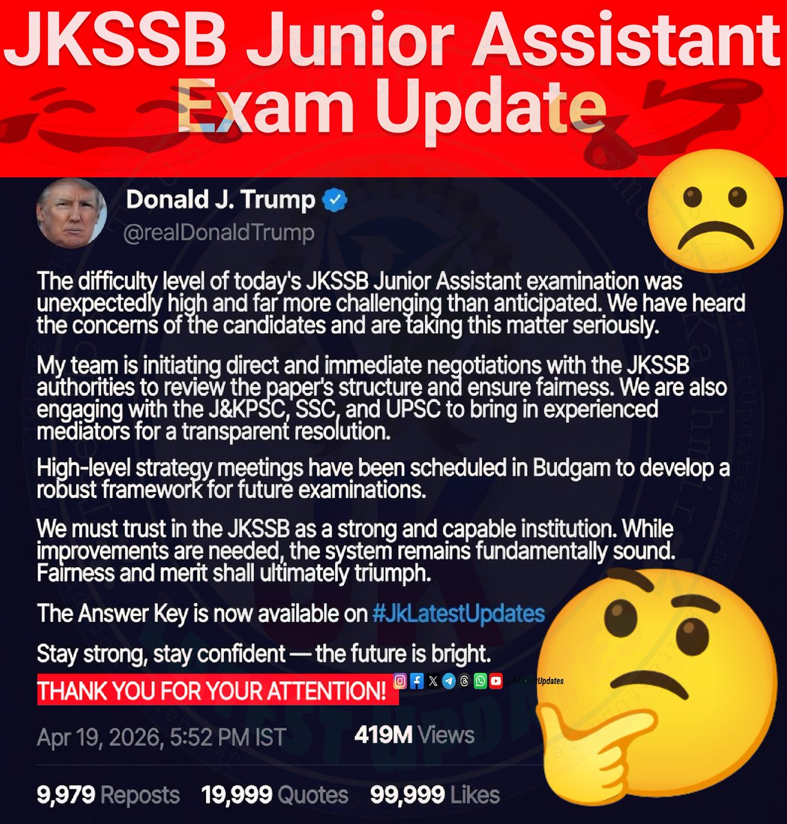 JkLatestUpdates's tweet photo. >> JKSSB Junior Assistant Exam Update.... 🤔 #JkLatestUpdates
😂
🙄
#Jammu #Kashmir #JuniorAssistant #exam #DonaldTrump #Trump #JustForFun https://t.co/jMWe7Gy9Cn