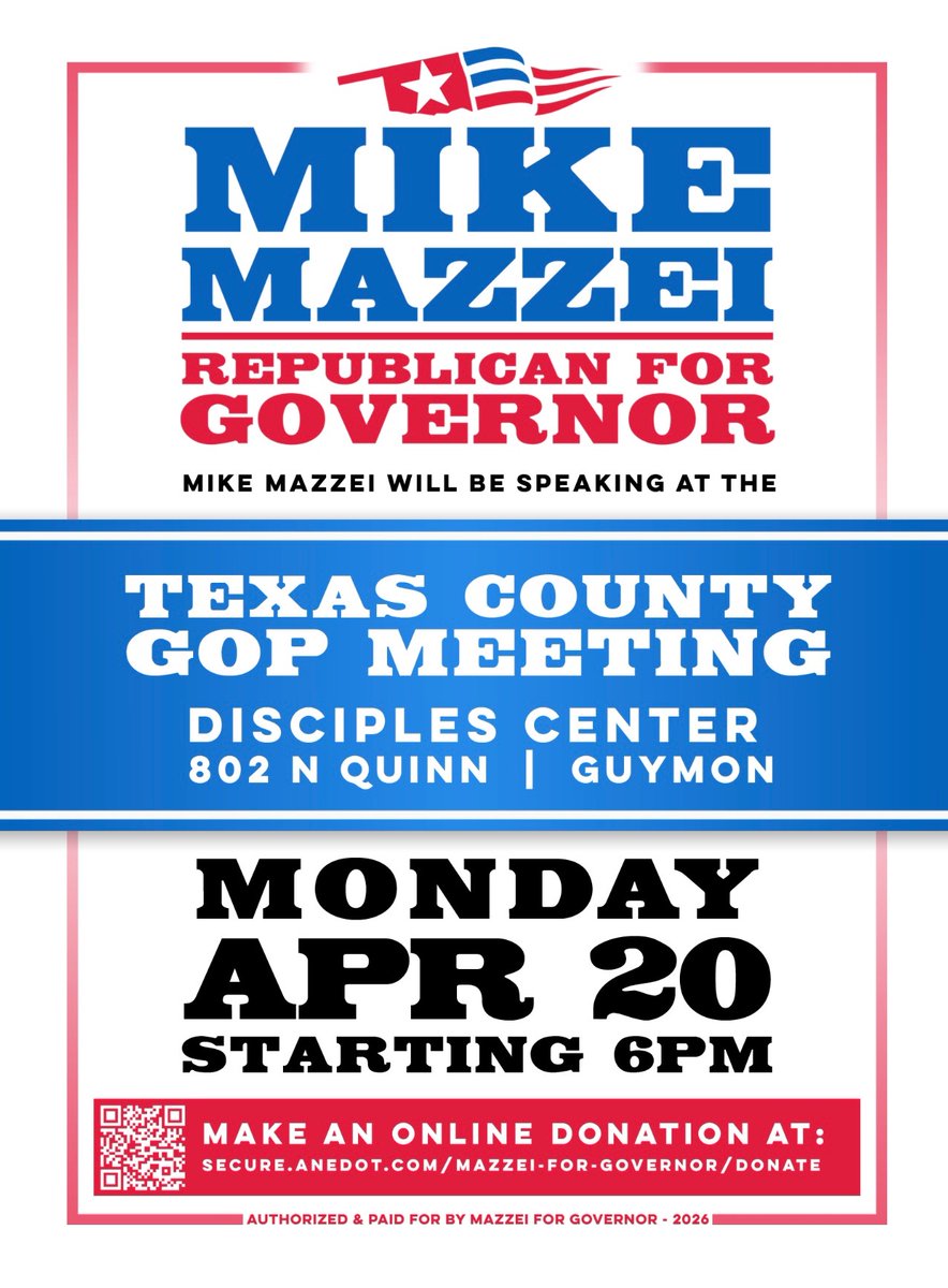 TexasCountyGOP's tweet image. Bring a question. Your vote matters — don’t miss this chance. 🗳️✨ Tonight, April 20 at 6 PM: meet Mike Mazzei (Governor) and Darrell Edwards (County Commissioner, Dist. 1) at 802 N Quinn, Guymon. See you there! #Vote #Primary  #GetOutTheVote