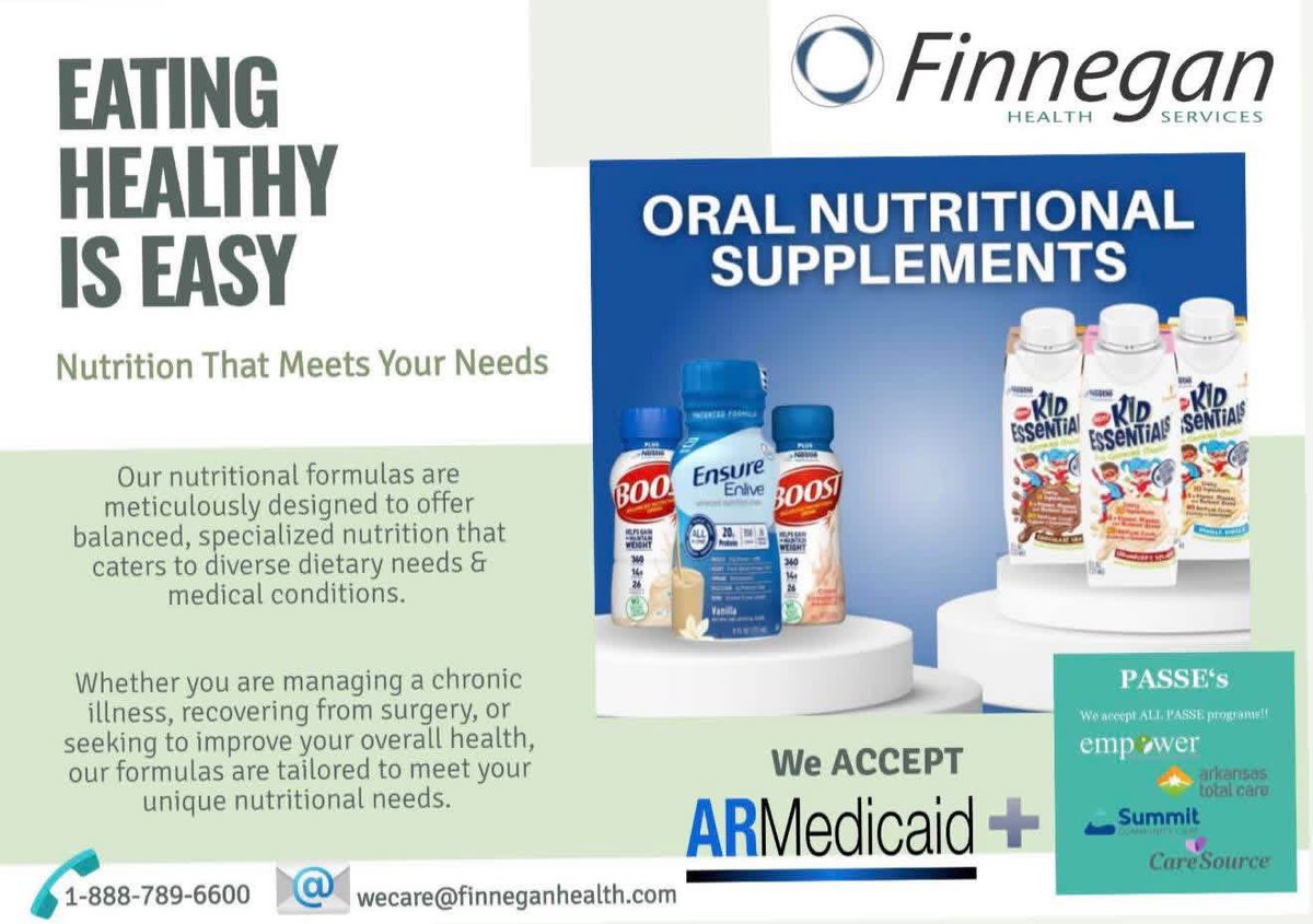 FinneganHealth's tweet image. At Finnegan, we offer specialized oral nutritional supplements tailored to your unique needs.

✅ We ACCEPT Medicaid &amp;amp; all PASSE 
📞 Call us at 1-888-789-6600 or 📧 email us at wecare@finneganhealth.com to learn more.

#NutritionMatters #supplements #Medicaid #HealthyLiving