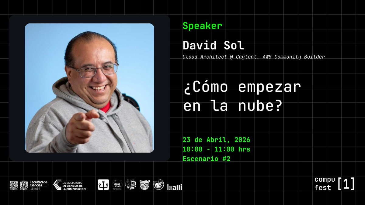 soldavidcloud's tweet photo. ¿Por dónde empiezo?
La nube es parte de las bases que todos debemos dominar. Y es fácil de aprender.
Acompáñame el Jueves 23 de Abril para iniciar el camino en el Compufest de la @fciencias de la @UNAM_MX.
¡Allá nos vemos!
https://t.co/YOMOluqMPj
#compufest #awscommunitybuilders https://t.co/UaFaMff8PT