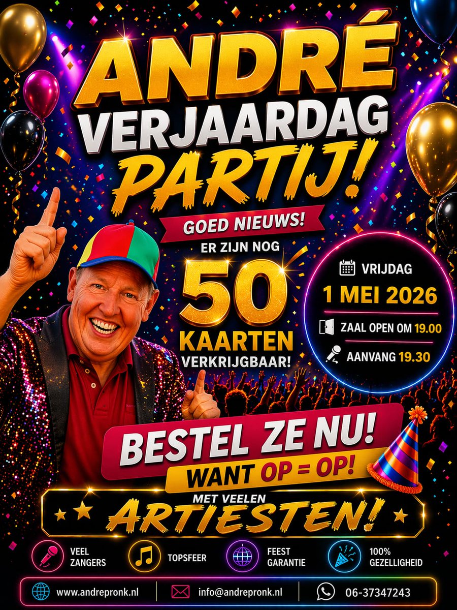 De laatste kaarten in de voorverkoop op vrijdagavond 1 mei 2026 in Prikkewater te Vlaardingen

Kom jij op mijn verjaardag

Reserveer nu
Info@andrepronk.nl

@uitlichten