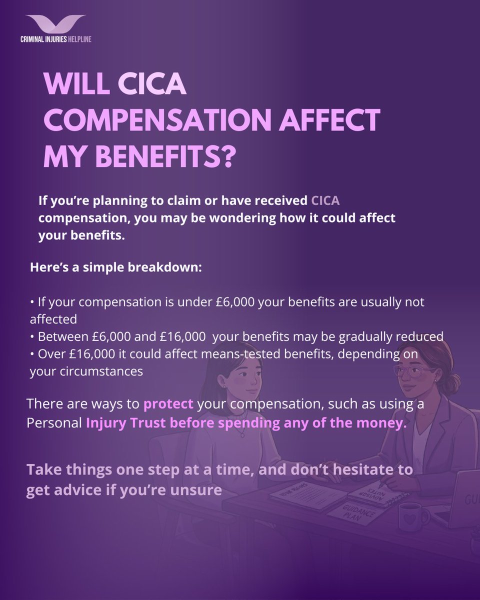Crim_Injuries's tweet image. Received or planning CICA compensation? 
Know how it could affect your benefits and take steps to protect your claim. 💜 

#CICACompensation
#KnowYourRights
#SupportSurvivors
#FinancialAwareness
#VictimSupport