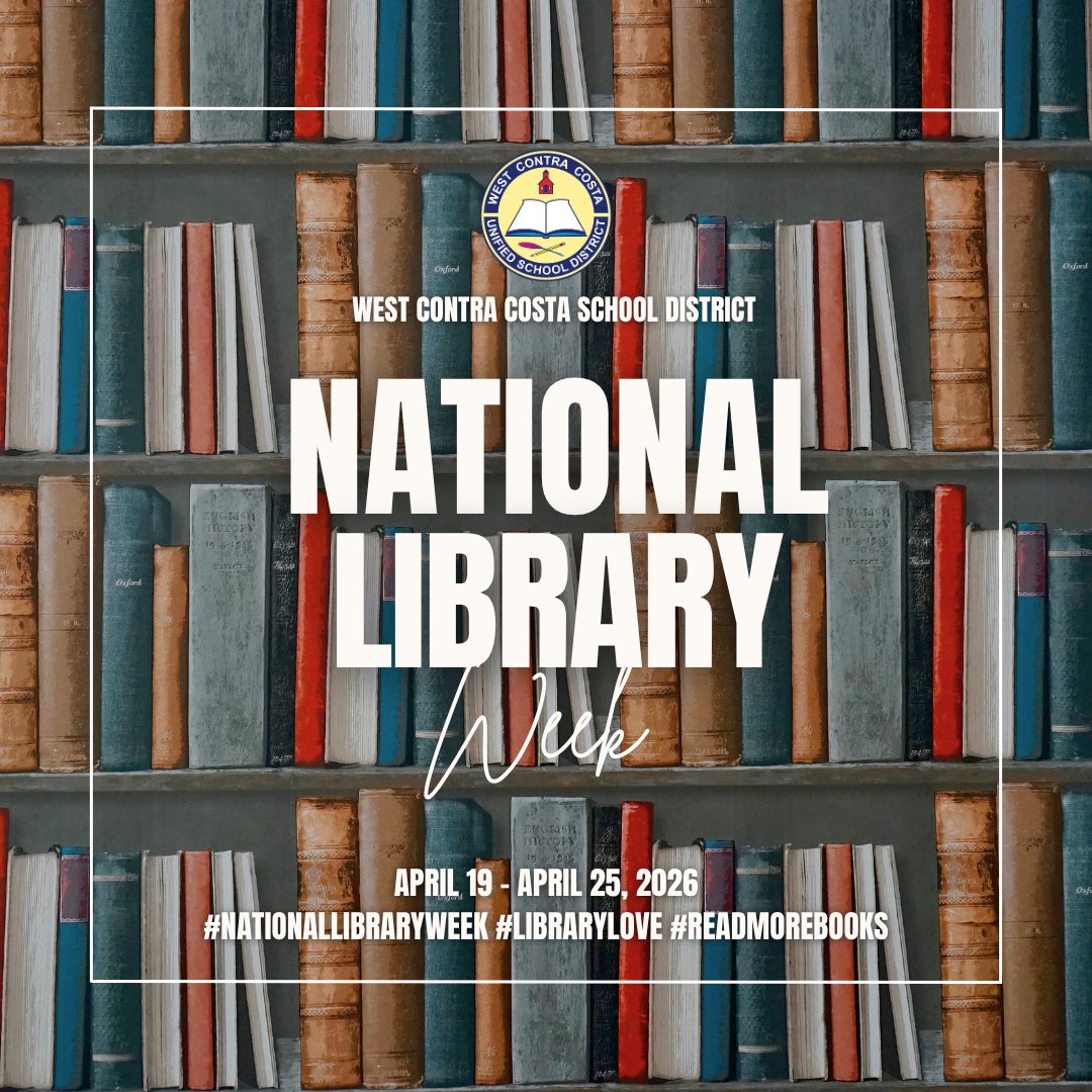 WCCUSD's tweet image. 📚✨ National Library Week is here!

Our school libraries inspire curiosity, creativity, and a love of reading. Thank you to our librarians and staff who support students every day.
#NationalLibraryWeek #LibraryLove #WCCUSD