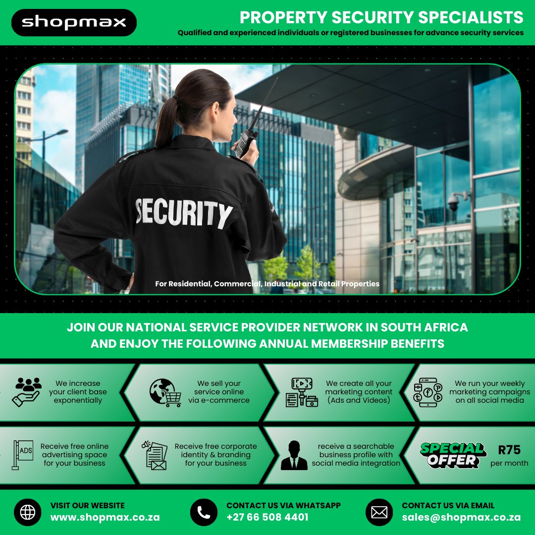 SHOPMAX6's tweet image. 🛡️ SECURITY SERVICES (SA)
Want more contracts without chasing leads?
Join Shopmax SPN:
✔ More clients
✔ Done-for-you marketing
✔ Online service sales
🔥 Limited onboarding
👉 shopmax.co.za/sell_your_prof…
#securityservices #southafrica #smallbusiness #Shopmax