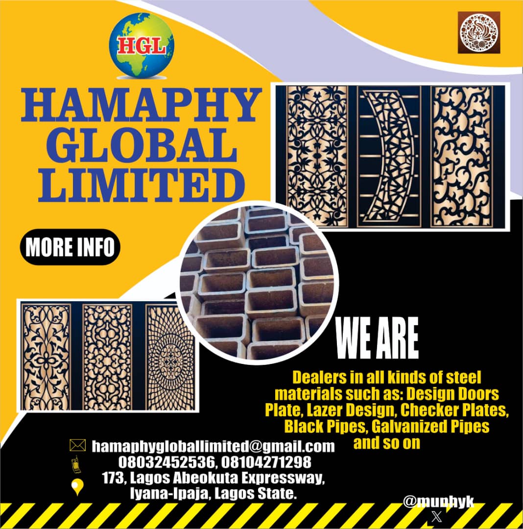 Muphyk's tweet photo. At HAMAPHY GLOBAL LTD, we are selling iron and steel materials of any types such as Lazer design, design doors, China & black pipes, Round pipes, square pipes, H & I channel, square Rod, flat bar, H beam, Mild steel plate, chequer plate, Gate Chequer plate, China chequer plate, Grating, Wire mech, Electrodes, Galv pipes, steam pipe, Galvanized sheets and so on pls dm us for business. We supplied nation wide. Our prices will convince you.