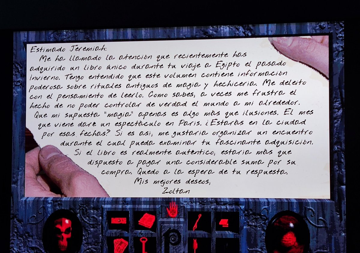 abadiadeljuego's tweet photo. Estoy jugando a #phantasmagoria y en esta escena se ven dos manos cogiendo una nota. Yo diría que son de personas diferentes, aunque en el juego la está cogiendo únicamente la protagonista.  #sierraonline #aventuragrafica #retrogame https://t.co/vI95aaScyQ
