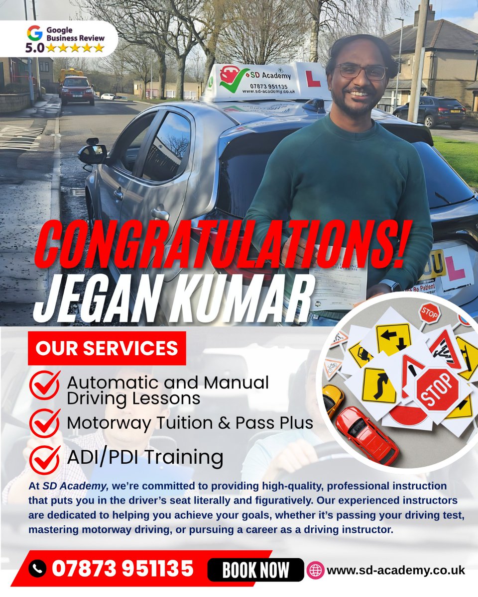 SDAcademy23869's tweet image. Congratulations 🎊 👏 Jegan Kumar
Get in Touch Today
Ready to take the next step? Contact us to book your lessons or learn more about our programs:
📞 Call/Text: 07873 951135
👻 Snapchat: sd-academy
🌐 Website: sd-academy.co.uk
#SDAcademy #LearnToDrive #DrivingLessons