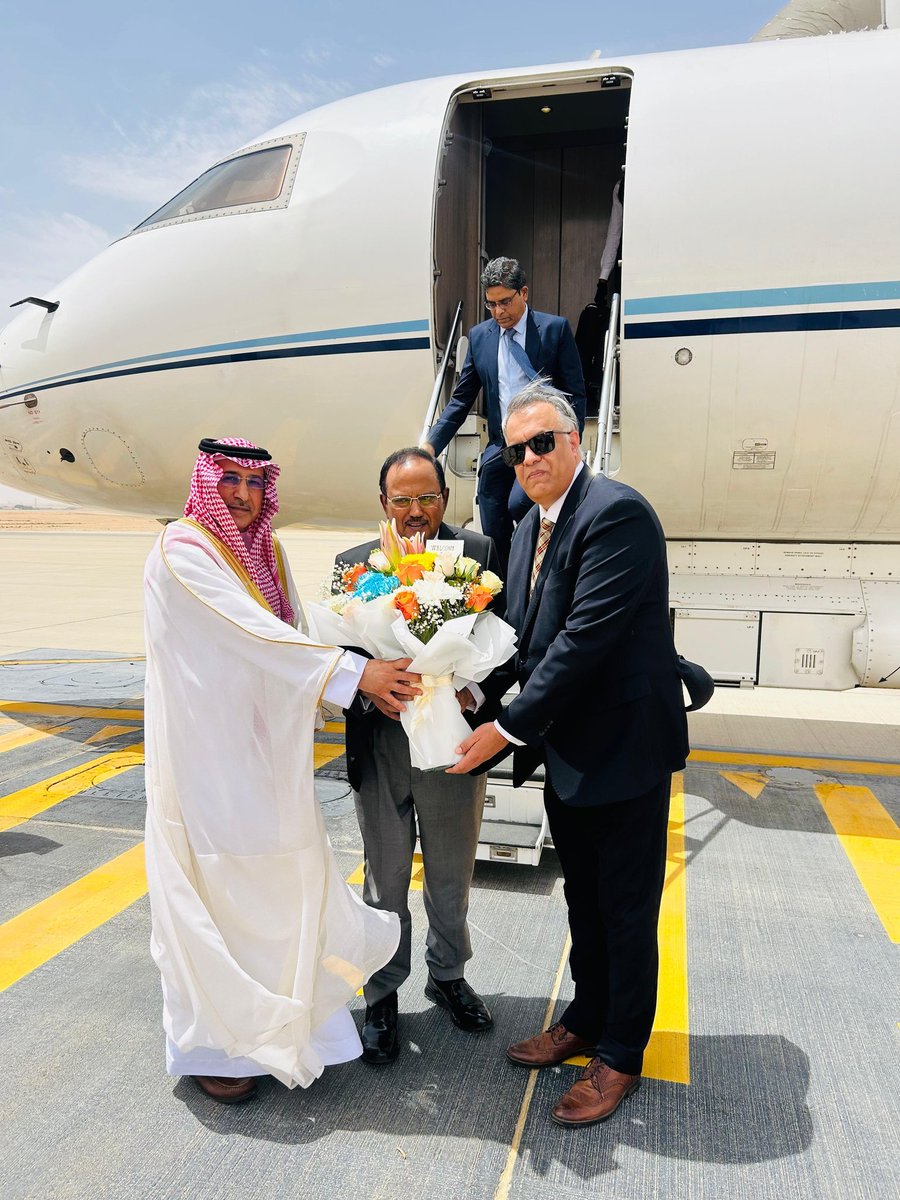 MeghUpdates's tweet image. Amidst rising regional tensions, NSA Ajit Doval arrives in Riyadh on official visit. Was received by Indian Ambassador Dr. Suhel Khan &amp;amp; Saudi Deputy Minister Dr. Saud Al-Sati.

Held key meetings with Saudi Energy Minister Prince Abdulaziz bin Salman, FM Prince Faisal bin Farhan &amp;amp;