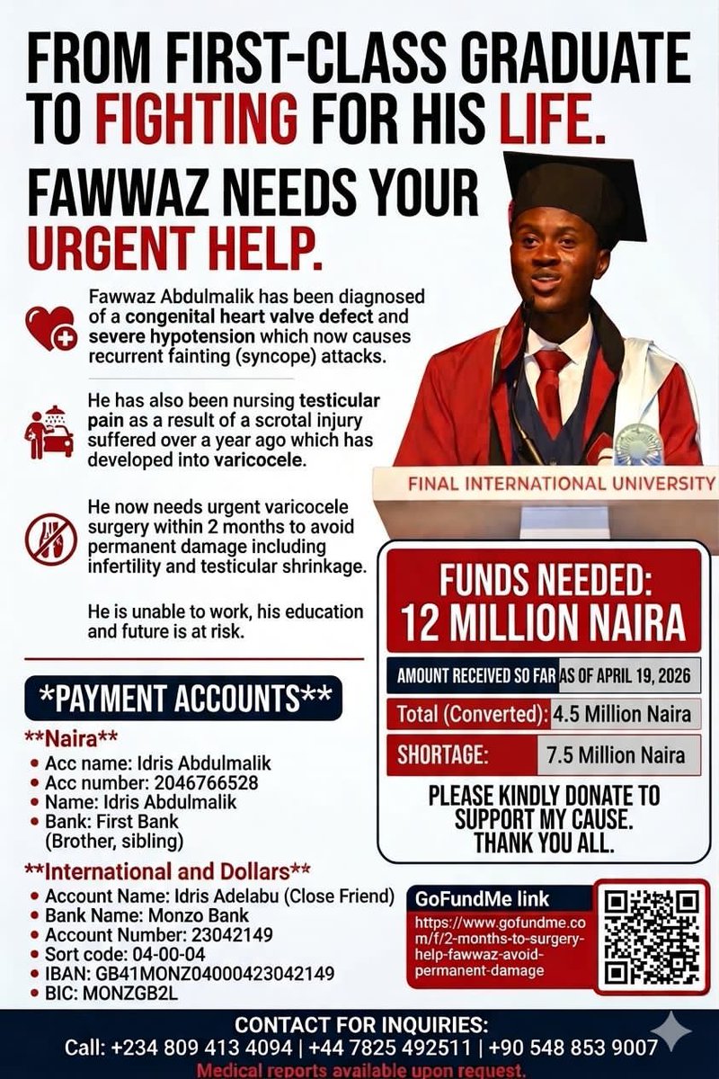 Alhamdulillahi

Amount received as of 19th of April 2026
Total converted: 4.5 Million naira 
Shortfall: 7.5 Million Naira
Let's come together to restore hope for Fawaz

Please kindly help save a soul and May you never know sorrow in your life and your entire family.