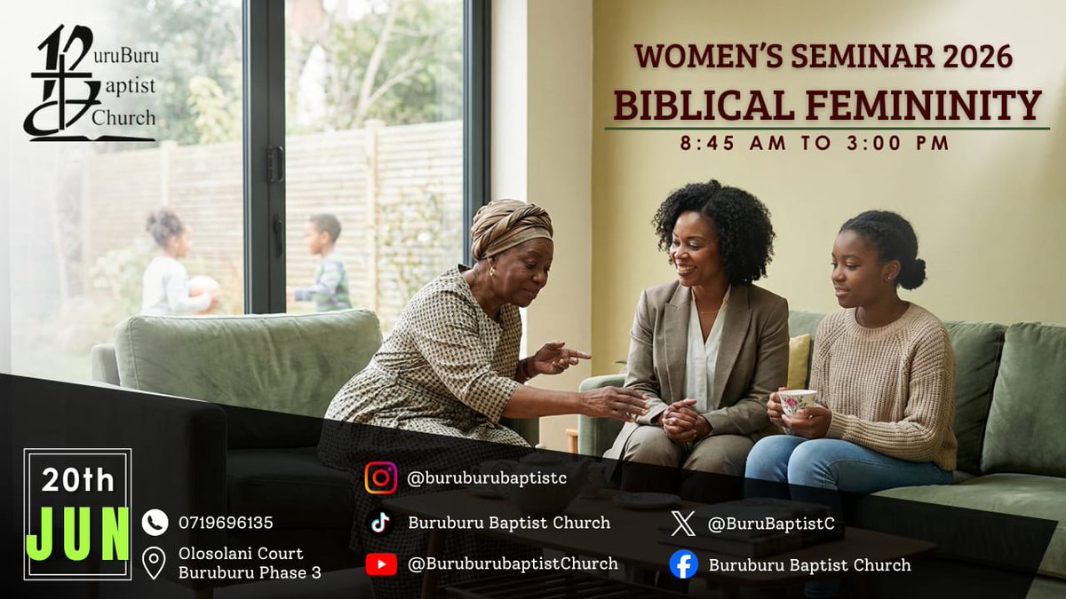 All ladies, welcome to the Ladies Seminar and Luncheon on Biblical Femininity facilitated by Mrs. Mary Muketha from Trinity Baptist Church to be held on the 3rd Saturday of June 2026.

Register here: forms.gle/s81qo3BKysFYSw…

Please also invite as many ladies as possible!