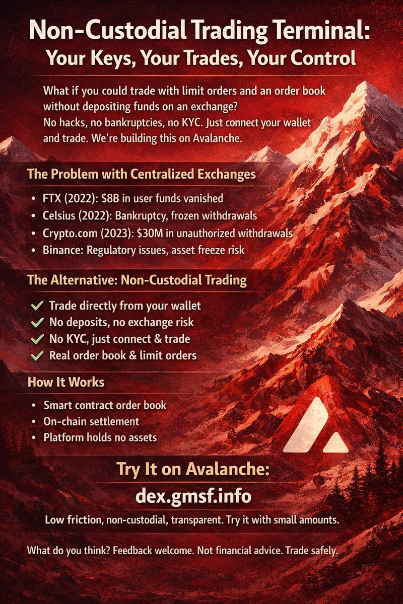 GemmaSheriff's tweet image. Non-Custodial Trading Terminal on #Avalanche: Your Keys, Your Trades, Your Control. OrderBook, limits orders on Dex. No QYC! No Deposit! No Questions! #AVAX #CryptoSafety @pump_okLaly @turkcrazy07 @avax @AvalancheFDN