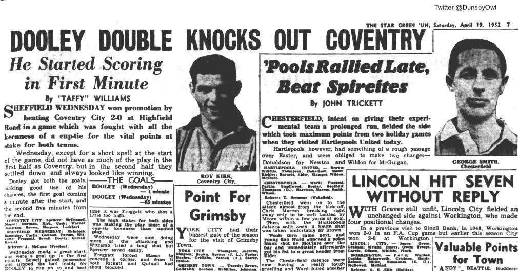 Dunsbyowl's tweet photo. #OnThisDay in 1952, Wednesday were promoted from the 2nd Division as Champions after winning 2-0 away at @Coventry_City in front of 36,337 Both #swfc goals the Wednesday #Legend Derek Dooley. #SheffieldDouble https://t.co/e7qWtQTZk8