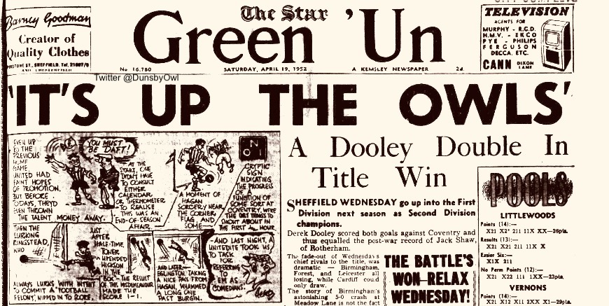 Dunsbyowl's tweet photo. #OnThisDay in 1952, Wednesday were promoted from the 2nd Division as Champions after winning 2-0 away at @Coventry_City in front of 36,337 Both #swfc goals the Wednesday #Legend Derek Dooley. #SheffieldDouble https://t.co/e7qWtQTZk8