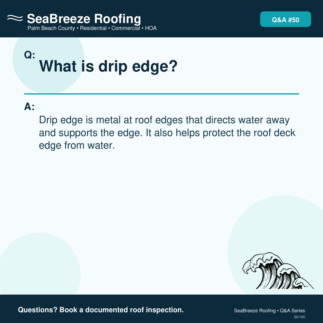 SeaBreezeRoof's tweet image. Drip edge is metal installed at roof edges to direct water away from the structure and protect the roof deck from rot. It provides critical support and protection. Contact SeaBreezeRoofing for an inspection.

#SeaBreezeRoofing #PalmBeachCounty #RoofingContractor #OceanRidge