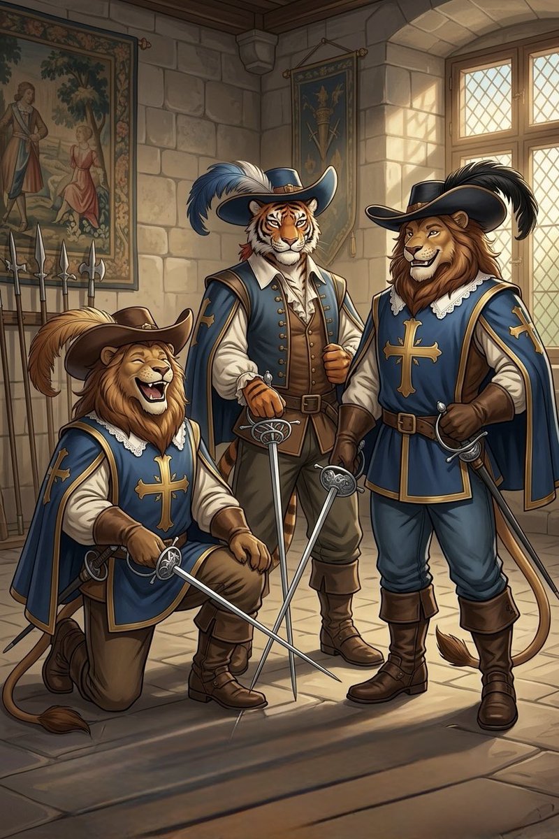 Tiger56931668's tweet image. Logan: My brothers agreed to do a challenge as I called it “The Trio Challenge.” So we’re the legendary “The Three Musketeers!” #Logan #Furball #Dalton #Alart #FurryTiger #FurryLion #AlArtistCommunity #TheThreeMuskteers #FurryAl #Aicosplaychallange #TrioChallenge