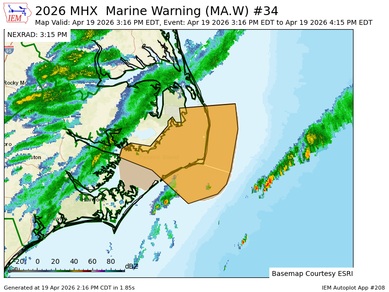 MHX issues Marine Warning [wind: >34 KTS, hail: 0.00 IN] for Pamlico Sound, S of Cape Hatteras NC to Ocracoke Inlet NC out to 20 NM, S of Oregon Inlet NC to Cape Hatteras NC out to 20 NM [AM] till 4:15 PM EDT mesonet.agron.iastate.edu/vtec/f/2026-O-…